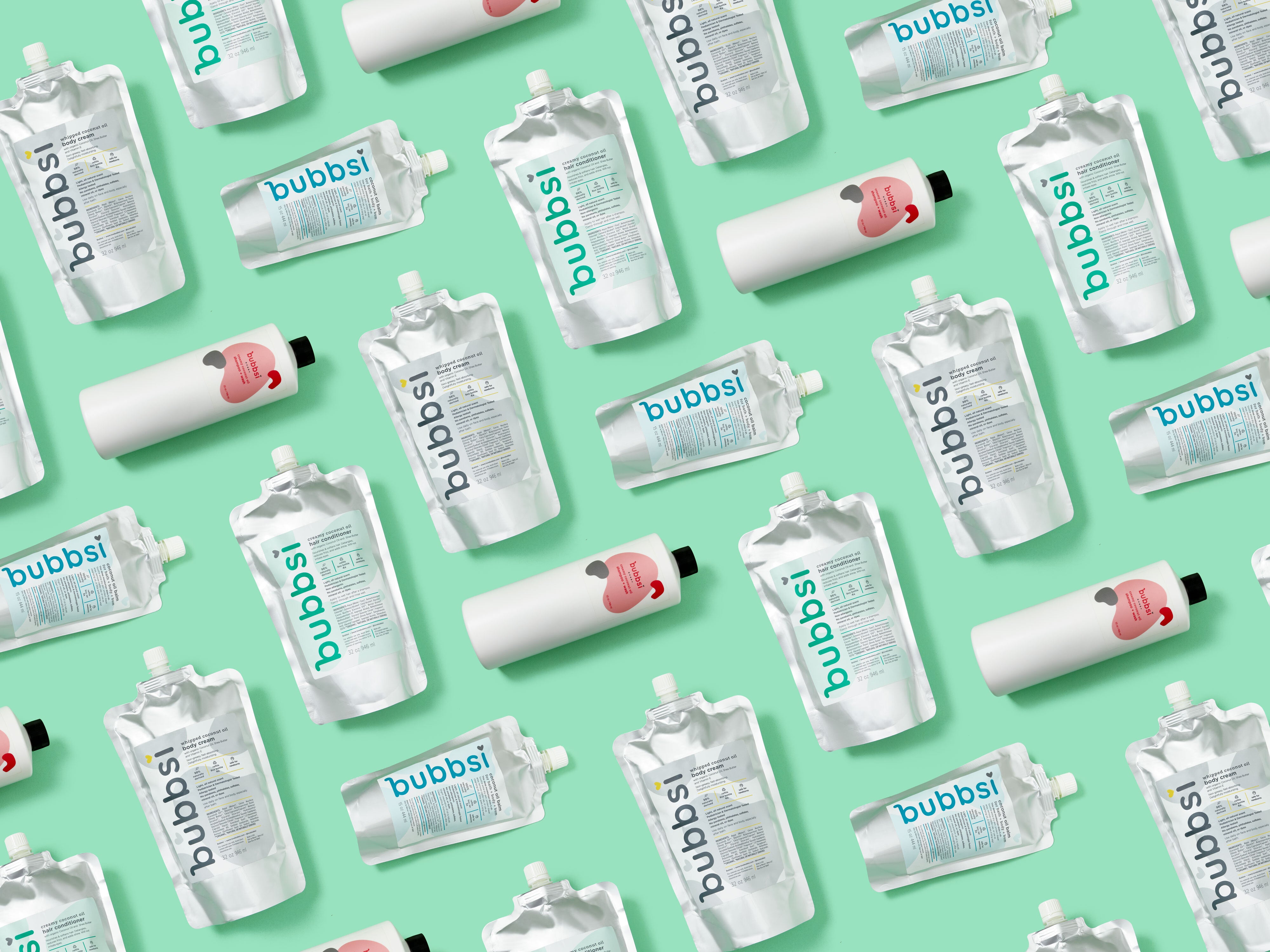 Pattern of bubbsi product packaging on a green background