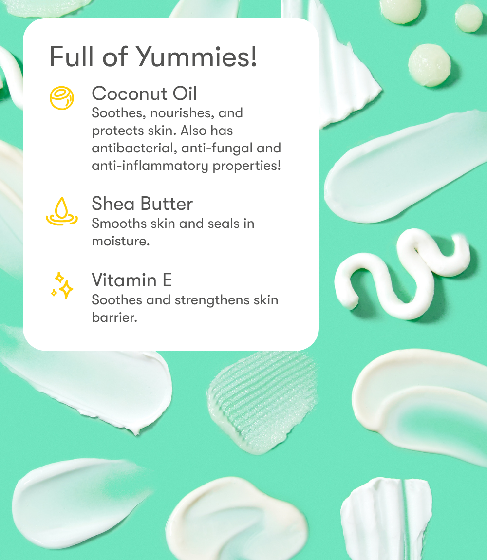 Ingredient list overlay on a green background highlighting coconut oil, shea butter, and vitamin E. Texture droplets of the products on the background.