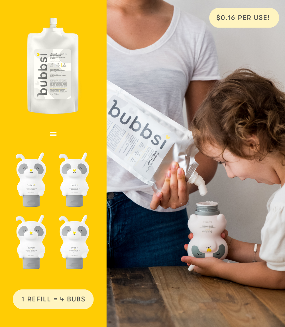 Bubbsi Whipped Coconut Oil Body Cream bottle product packaging with a person and child refilling the smaller Bubbsi bottle with the larger Bubbsi refill pouch, on a yellow background.