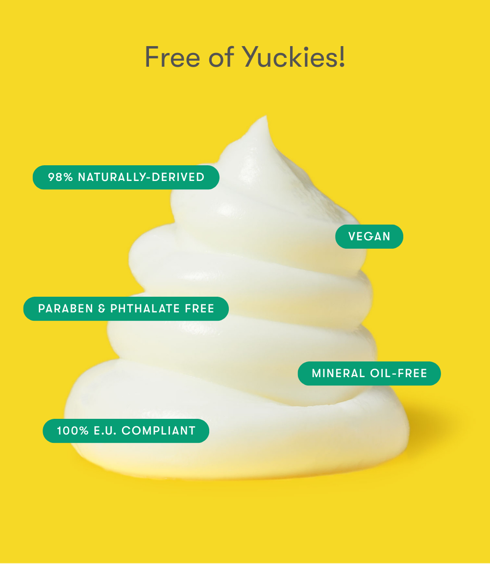 Bubbsi Whipped Coconut Oil Body Cream list of ingredient highlights including paraben free and phthalate free overlayed on a texture shot of the product contents