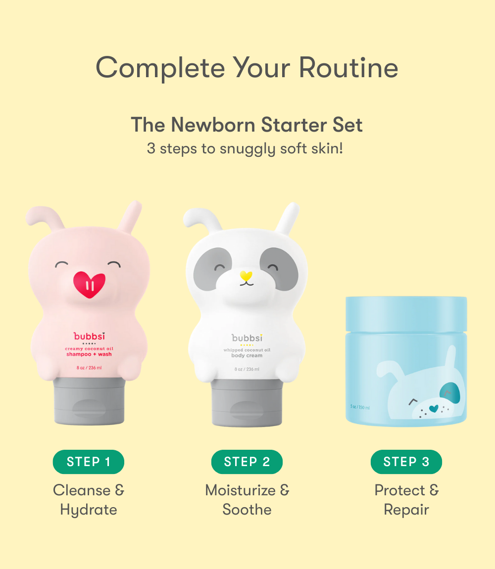 Bubbsi Newborn Starter set including Creamy Coconut Oil Shampoo and Wash, Whipped Coconut Oil Body Cream, and multipurpose Oil Balm