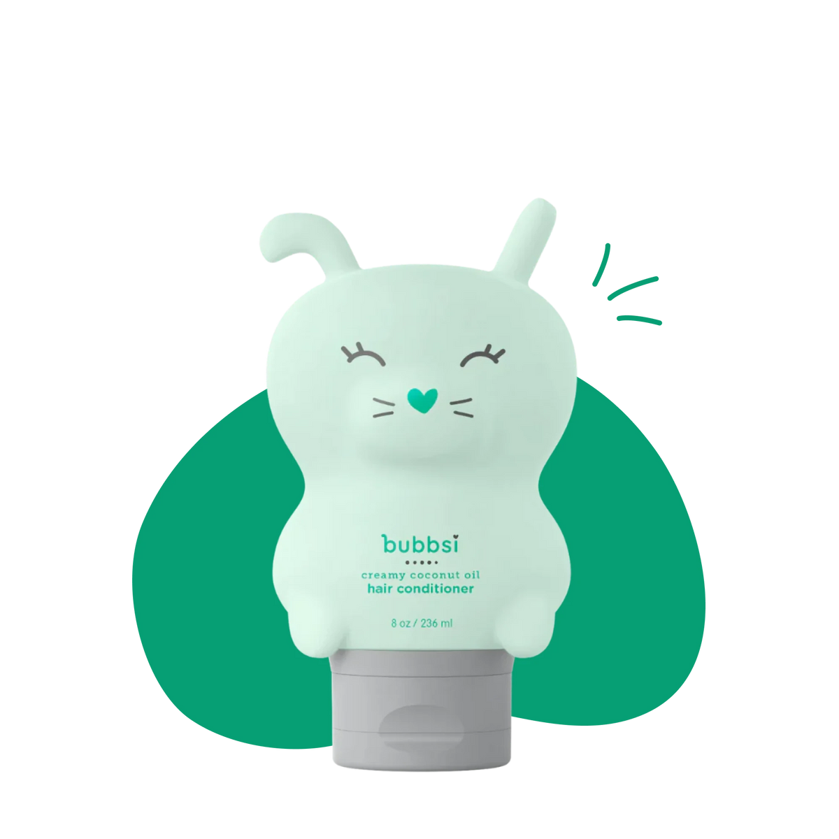 Bubbsi hair conditioner bottle with a cat character design on a transparent and green background