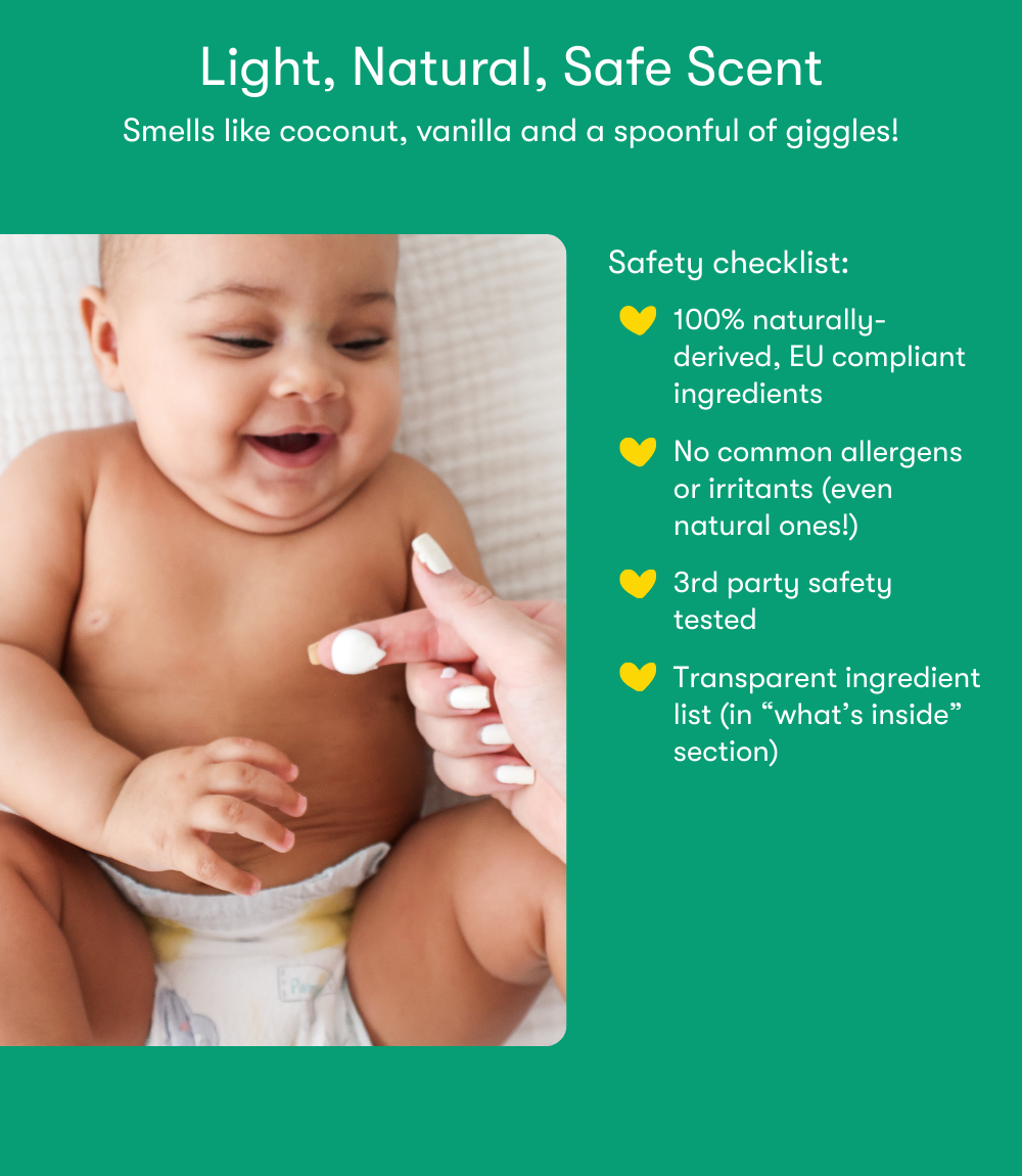 Baby with a Bubbsi product on skin next to a safety checklist on a green background