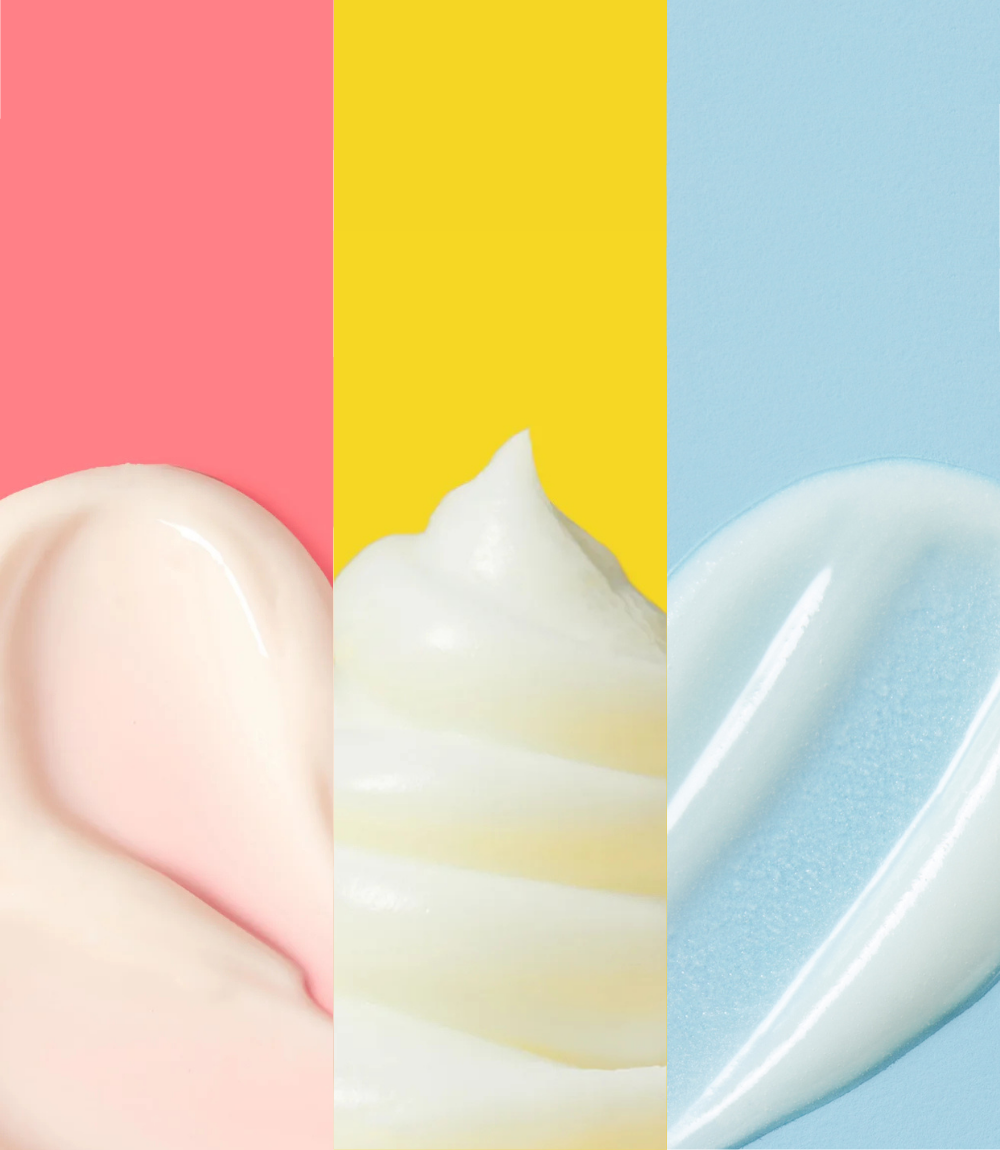 Three texture swatches of the Newborn Starter set on a pink, yellow, and blue background
