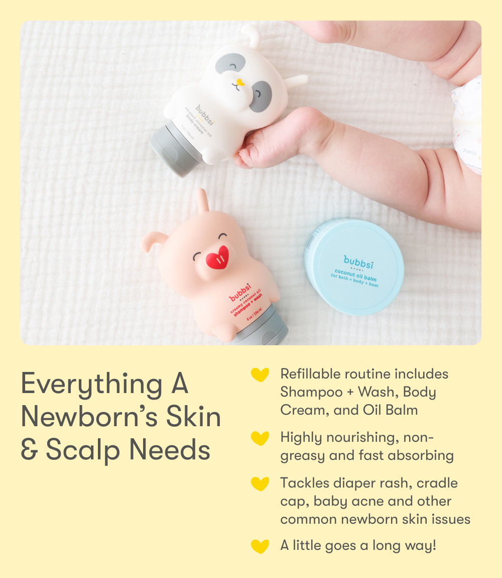 Bubbsi baby skincare products including a Bubbsi Newborn Starter set containing Creamy Coconut Oil Shampoo and Wash, Whipped Coconut Oil Body Cream and multipurpose Oil Balm with text highlighting their benefits.