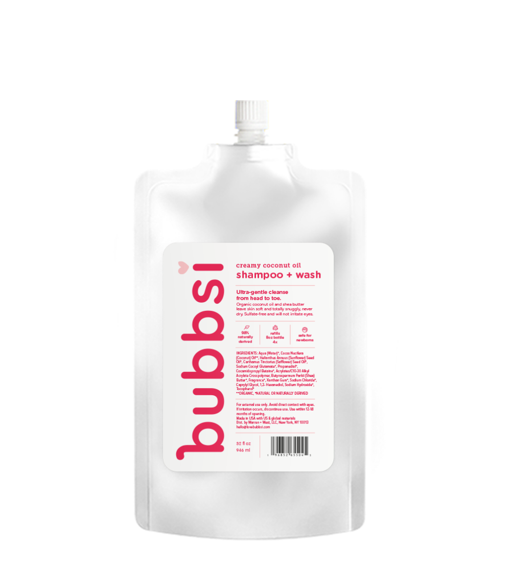 Bubbsi creamy coconut oil shampoo and wash value refill 32 oz pouch on a transparent background