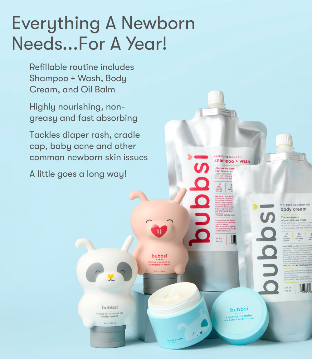 Bubbsi baby care products including shampoo + wash, body cream, and oil balm on a light blue background.