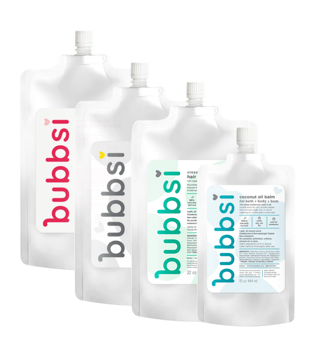 The whole collection of Bubbsi skincare refills on a transparent background