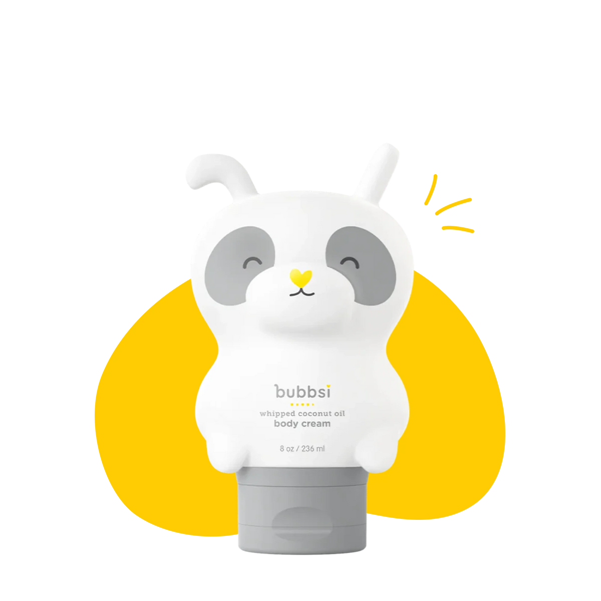 Bubbsi Whipped coconut oil body cream bottle with character panda design on a yellow circle background
