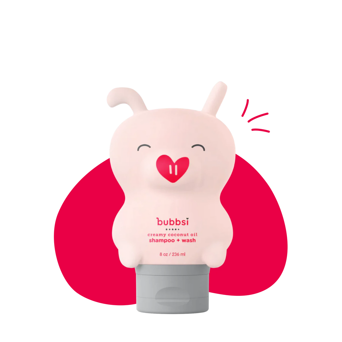 Pink pig-shaped Bubbsi creamy coconut shampoo and wash bottle 