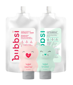 Bubbsi shampoo and conditioner bottles and refills with cartoon animal designs on a white background