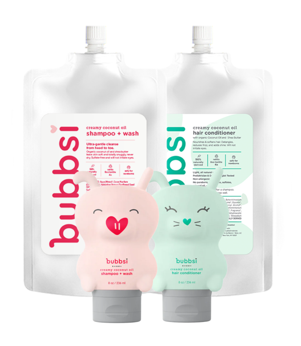 Bubbsi shampoo and conditioner bottles and refills with cartoon animal designs on a white background