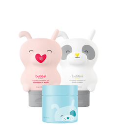 Bubbsi Newborn Starter set containing Creamy Coconut Oil Shampoo and Wash, Whipped Coconut Oil Body Cream and multipurpose Oil Balm