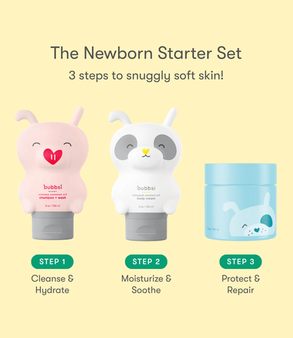 Newborn starter set with three steps for snuggly soft skin routine on a yellow background